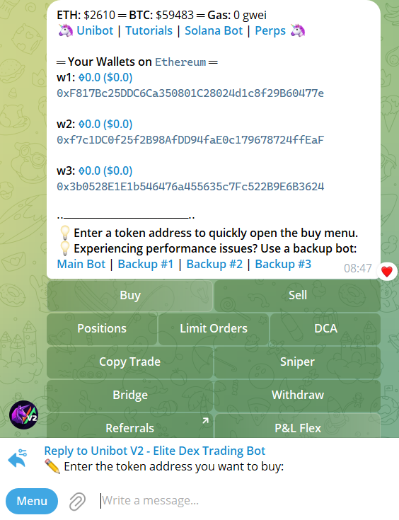 Unibot Telegram Features