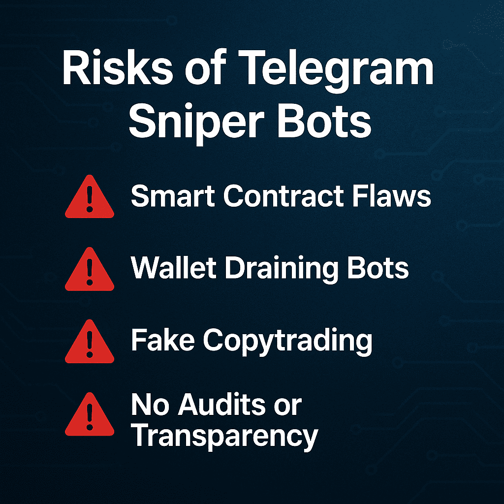 Infographic showing four risks of Telegram sniper bots: smart contract flaws, wallet draining, fake copytrading, and no transparency.