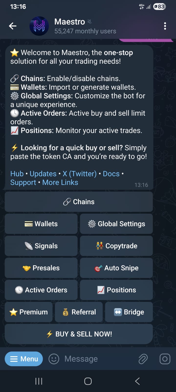 Maestro Telegram bot copy trading interface