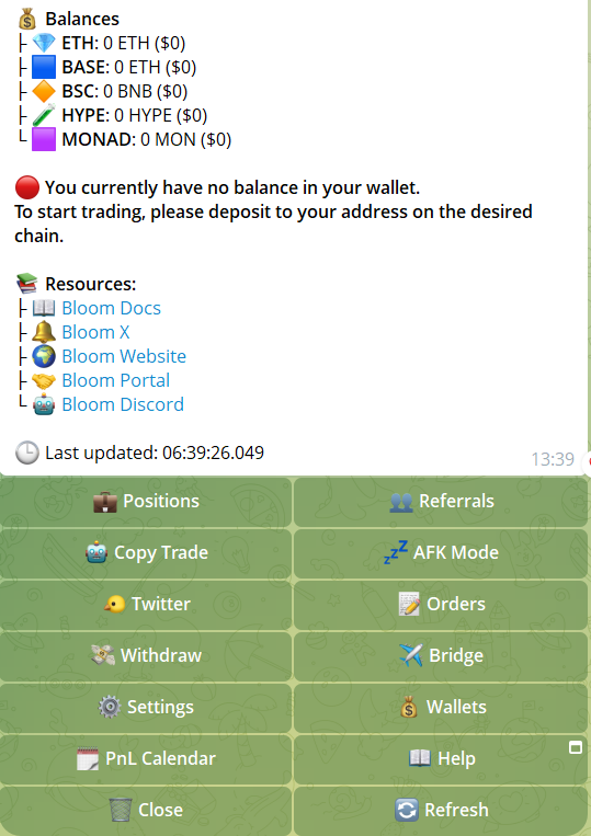 Interfaz de Bloom EVM Bot con funciones de sniping en BSC