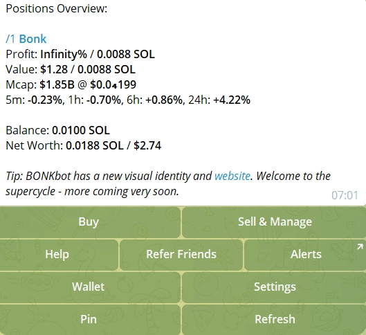 BonkBot Solana Telegram bot interface screenshot