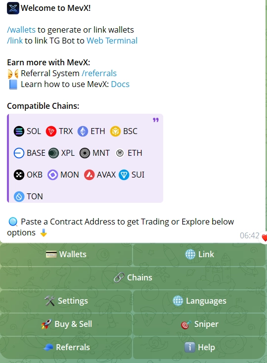 MevX bot interface showing sniper and trading panels