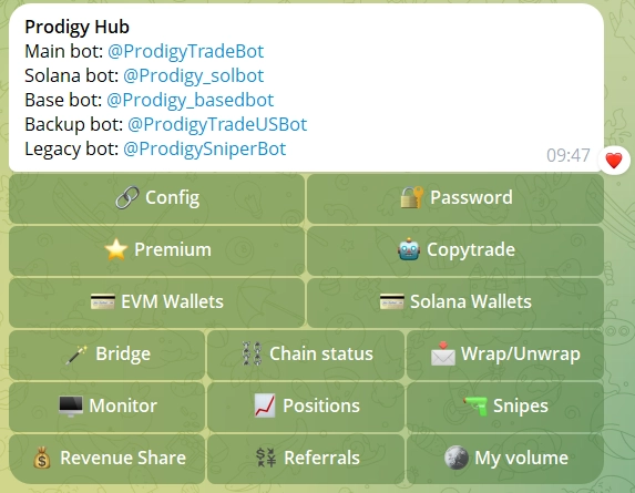 Интерфейс Prodigy Bot для торговли на Base