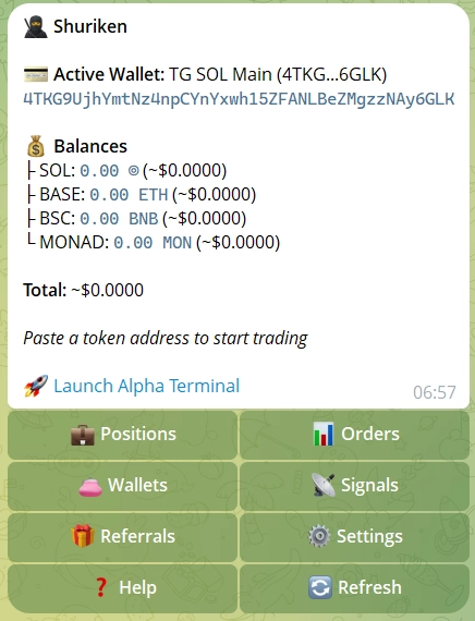 Shuriken Telegram bot interface showing trading commands and portfolio tracking