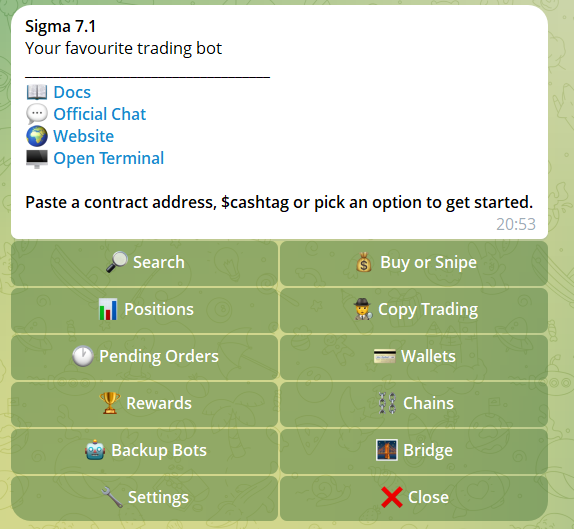 Sigma bot interface showing multi-chain BSC trading tools