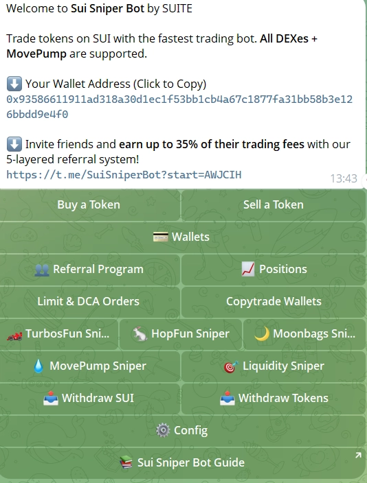 SuiSniperBot Telegram interface showing sniper and order manager controls