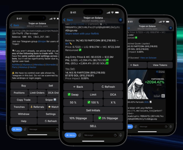 Trojan sniper Telegram bot interface on mobile