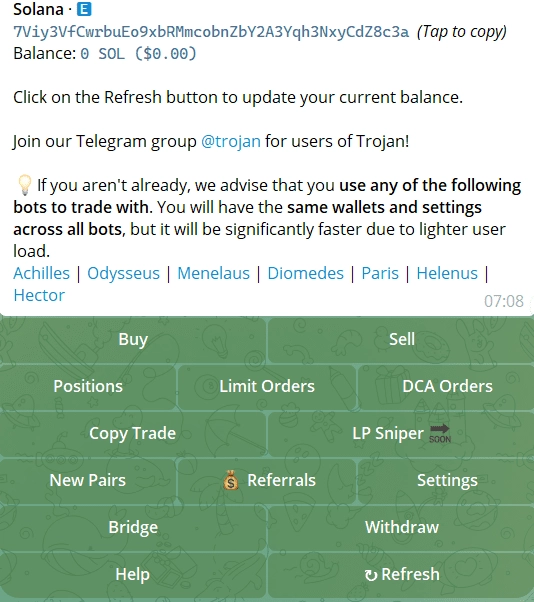 Trojan On Sol Telegram bot interface screenshot