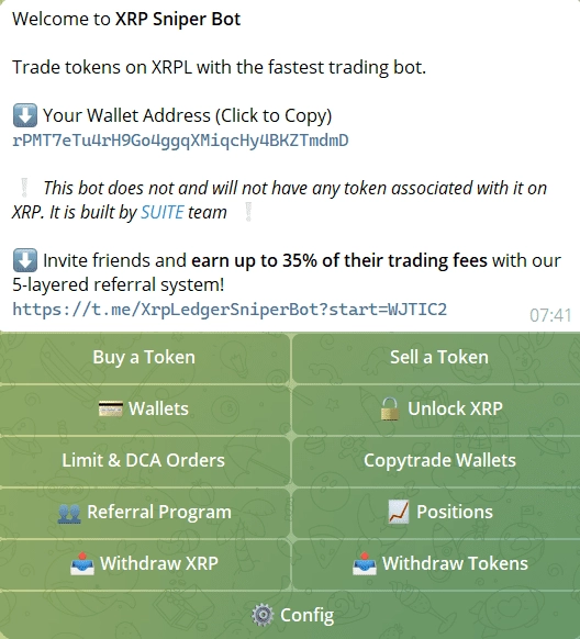 XRP Sniper Bot interface screenshot showing wallet management and sniping controls