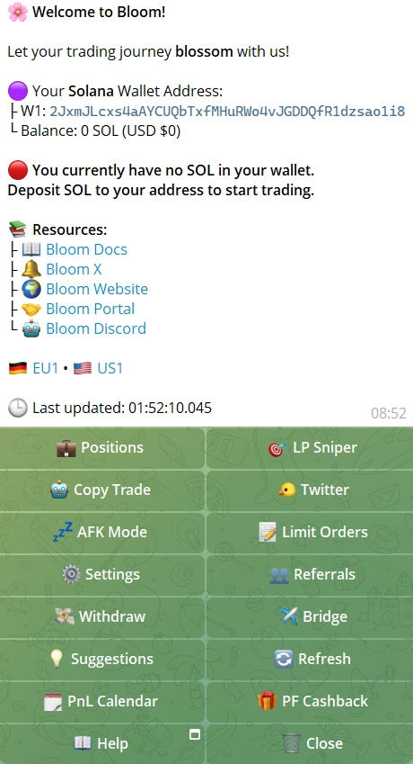 Bloom sniper bot features overview inside Telegram
