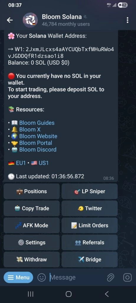Bloom trading bot mobile interface on Telegram