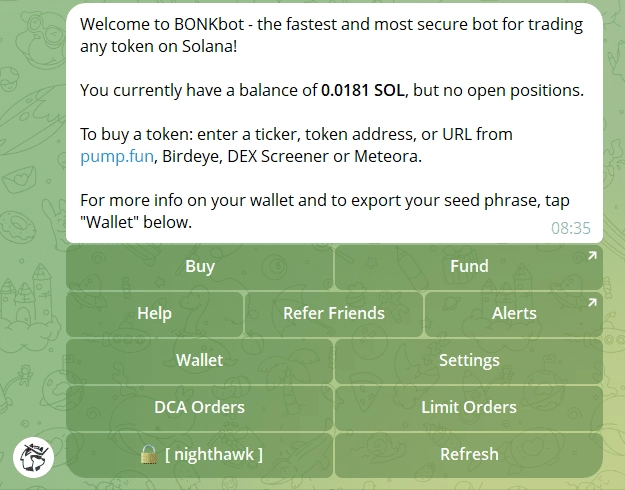 BonkBot Telegram sniper bot used for sniping new LetsBonk meme token launches on Solana