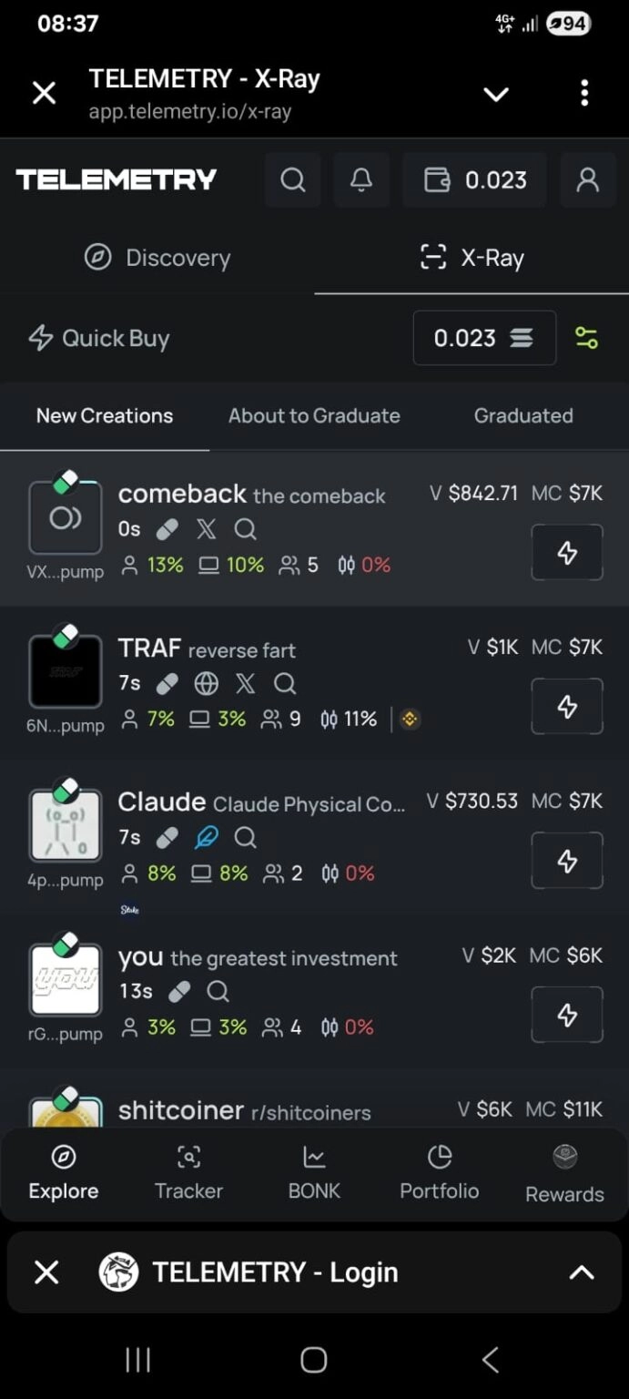 BonkBot Telemetry mobile interface showing portfolio and token tracking
