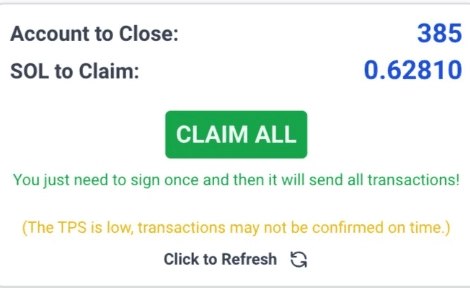 ClaimYourSol showing available SOL to claim from empty token accounts