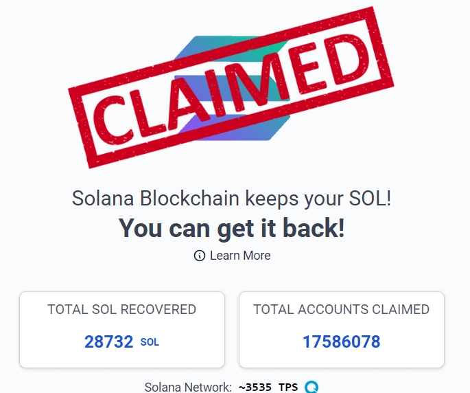 ClaimYourSol screenshot showing claimed SOL from empty SPL token accounts