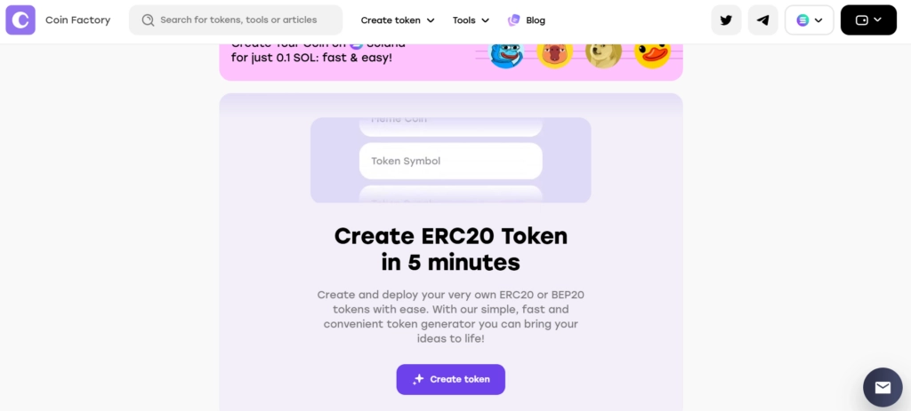 CoinFactory no-code token creator platform interface