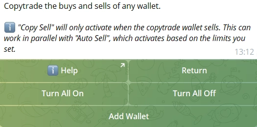 Copy trading bot on Telegram showing wallet mirroring interface
