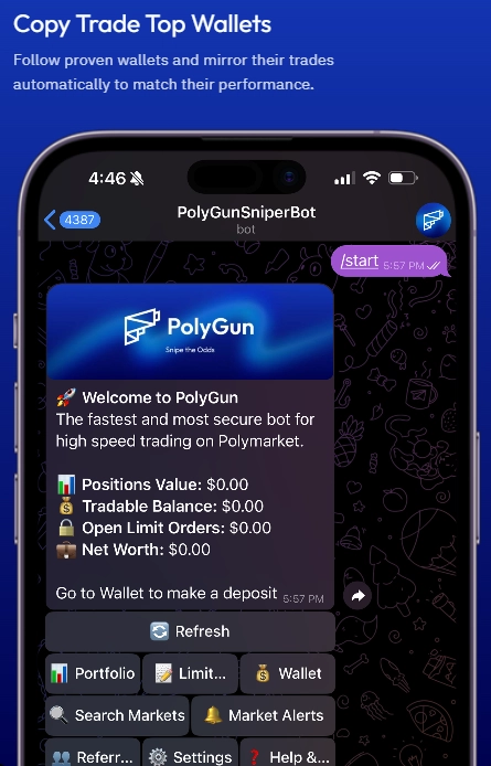 Copy trading Polymarket-бот в Telegram — PolyGun
