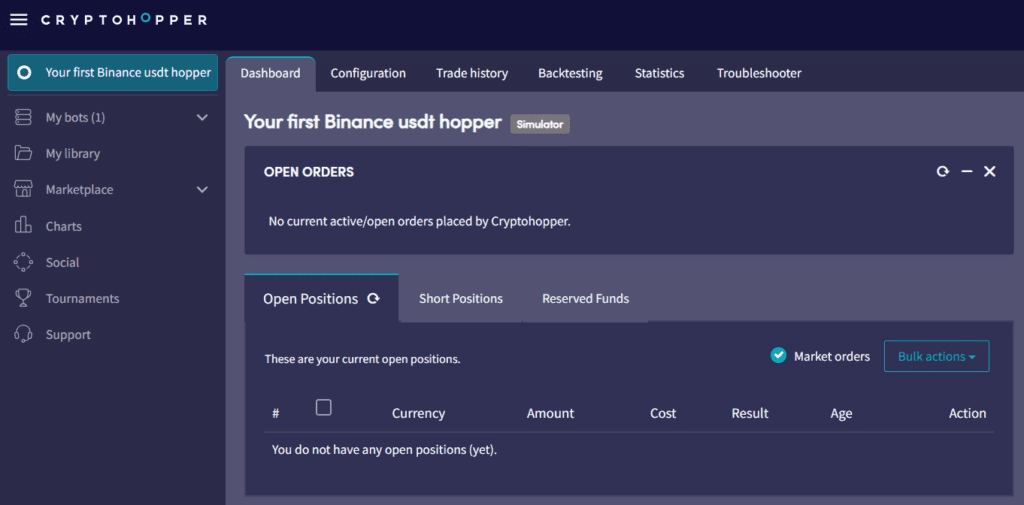 Cryptohopper trading interface screenshot showing strategy builder