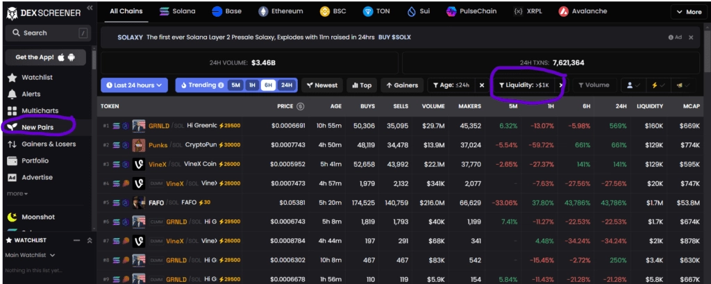 DexScreener interface showing new pairs filter for meme coin sniping