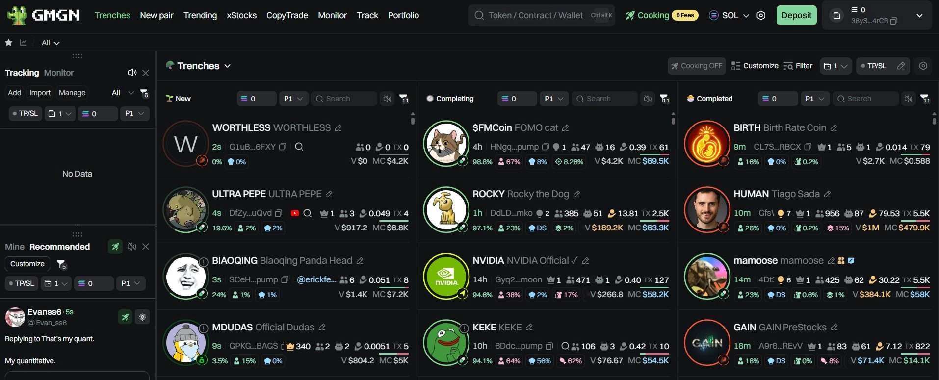 GMGN trading dashboard showing automation and copy trading features