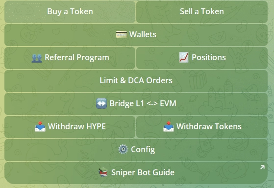 HyperEVM Bot Telegram interface showing trading dashboard and sniper options