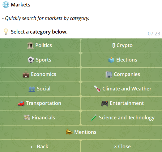 Kreo Bot Kalshi account setup flow in Telegram