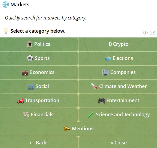 Kreo Bot Kalshi account setup flow inside Telegram