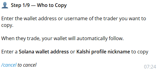 Kreo copy trading settings panel for Kalshi