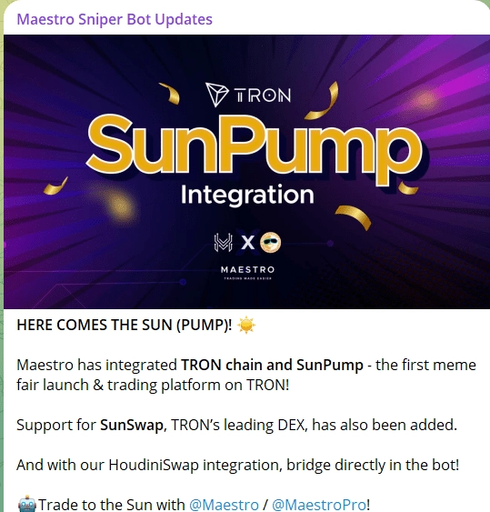Maestro Bot TRON SunPump sniper panel with safety filters