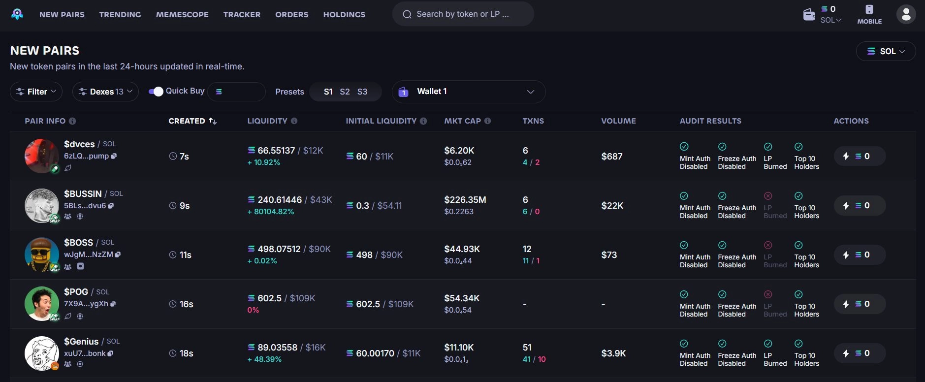 Photon trading terminal showing live token feed and one-click execution