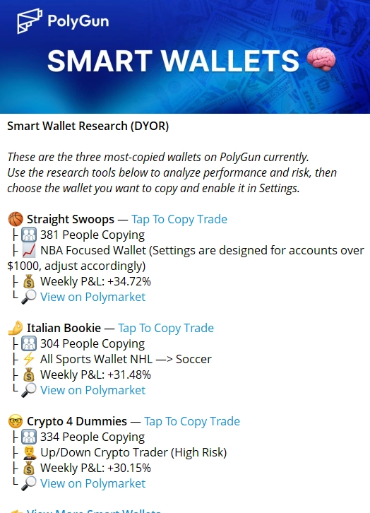 PolyGun smart wallet analytics breakdown for Polymarket copy trading