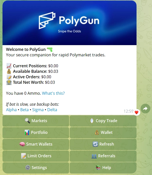 PolyGun Telegram bot interface for Polymarket copy trading and wallet discovery
