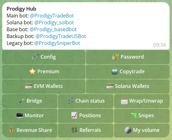 Prodigy Telegram bot interface screenshot showing trading menu