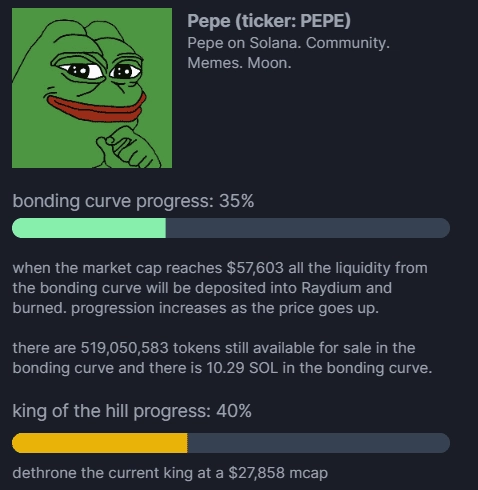 Pump.fun bonding curve example showing token price rising with buys
