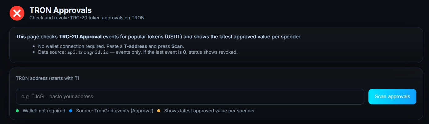 Revoker.info interface showing TRC-20 token approval list