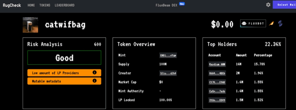 Rugcheck.xyz contract scanner for meme coin scam detection