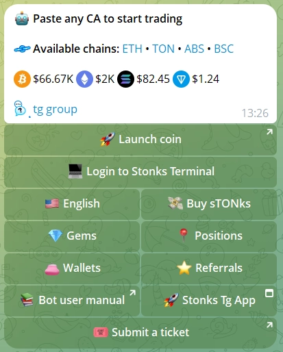 StonksBot Telegram interface screenshot showing TON sniper panel