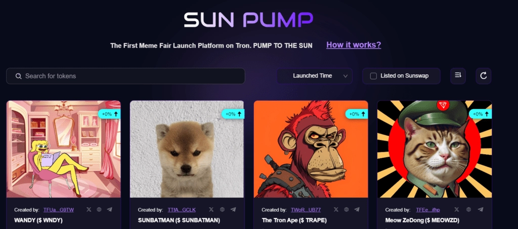 SunPump TRON memecoin launch interface