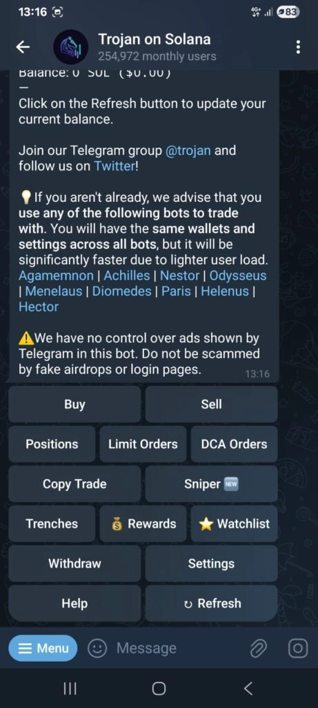 Trojan copy trading bot on Solana showing BOLT execution speed
