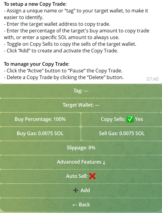 Trojan bot copy trading setup on Solana for mirroring profitable wallets trading LetsBonk meme tokens