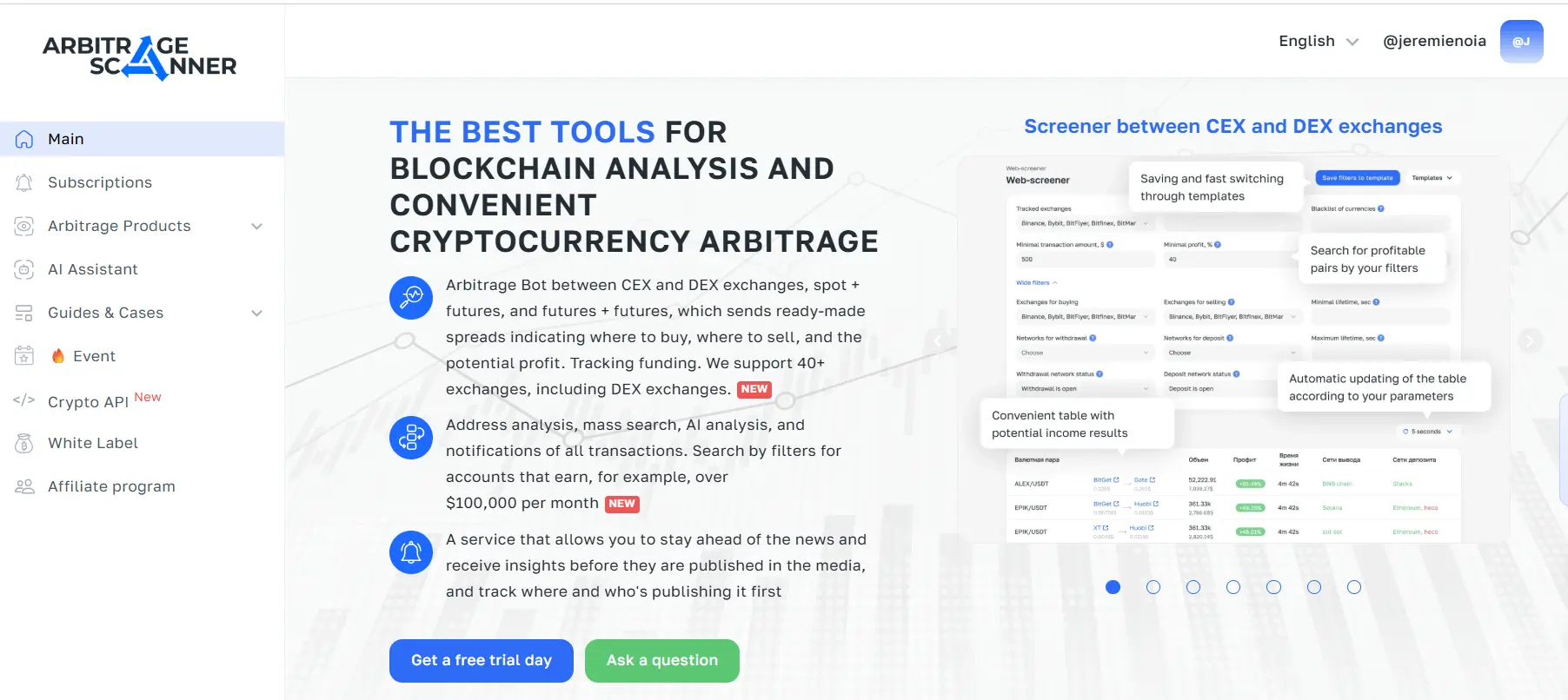ArbitrageScanner.io platform showing crypto arbitrage signals and spread data