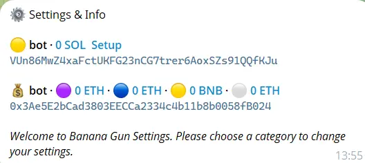Banana Gun bot Telegram interface showing supported chains