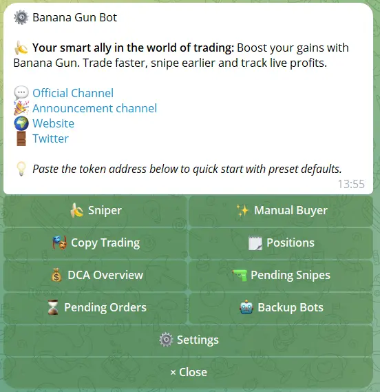 Banana Gun bot Telegram interface showing full feature set