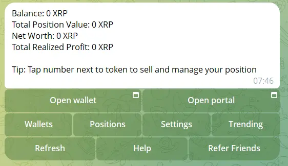 FirstLedger XRPL trading bot start screen on Telegram