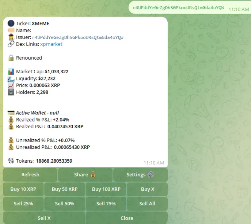 FirstLedger XRP sniper bot token scan interface showing contract details
