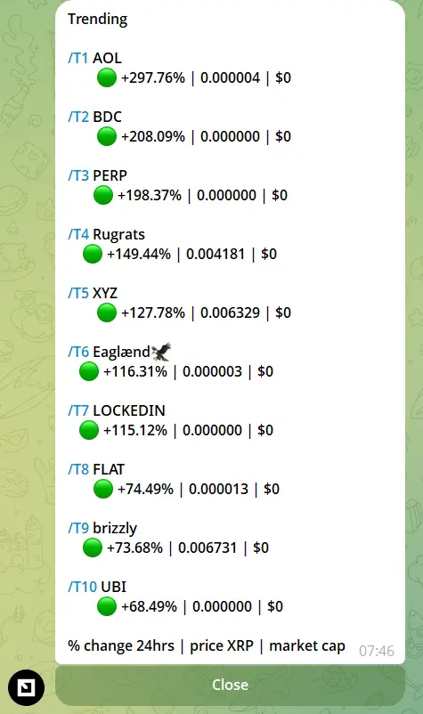 FirstLedger Bot trending tokens interface on the XRP Ledger
