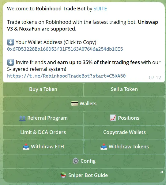 Robinhood trading bot features menu in Telegram