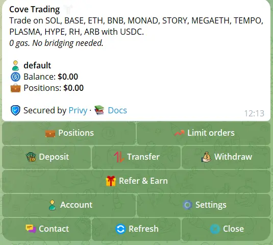 Cove Trade Bot dashboard for arc memecoins trading