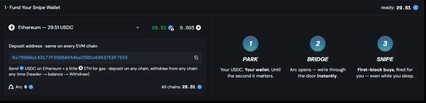 Sidoor Auto Snipe ARC token launch screen